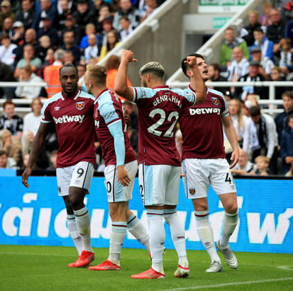 Football - Premier League - Newcastle United v West Ham United 15th August 2021 - Premier League - Newcastle United v West Ham United - Said Benrahma of West Ham United points to his name on the back of his jersey after scoring a goal - Photo: Simon Stacpoole Offside. Newcastle-upon-Tyne UK Copyright: xSimonxStacpoolexOffside