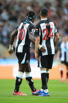 Football - Premier League - Newcastle United v West Ham United 15th August 2021 - Premier League - Newcastle United v West Ham United - Allan Saint-Maximin of Newcastle United stands alongside Miguel Almiron of Newcastle United - Photo: Simon Stacpoole Offside. Newcastle-upon-Tyne UK Copyright: xSimonxStacpoolexOffside