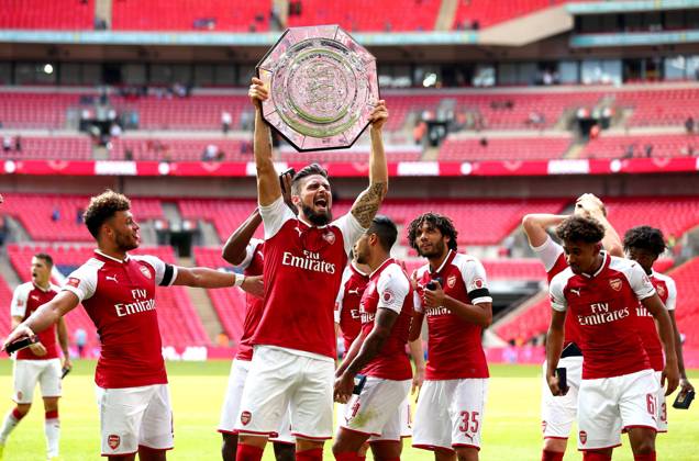 Mandatory Credit: Photo by Robbie Stephenson Jmp Shutterstock (8984415y) Olivier Giroud of Arsenal celebrates with the Community Shield Arsenal v Chelsea, UK - 06 Aug 2017 EDITORIAL USE ONLY No use with unauthorised audio, video, data, fixture lists (outside the EU), club league logos or live services. Online in-match use limited to 45 images (+15 in extra time). No use to emulate moving images. No use in betting, games or single club league player publications services. Arsenal v Chelsea, UK - 06 Aug 2017 EDITORIAL USE ONLY No use with unauthorised audio, video, data, fixture lists (outside the EU), club league logos or live services. Online in-match use limited to 45 images (+15 in extra time). No use to emulate moving images. No use in betting, games or Copyright: xRobbiexStephenson Jmp Shutterstockx 8984415y