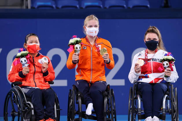 (L-R) Yui Kamiji (JPN), Diede De Groot (NED),Jordanne Whiley (GBR), SEPTEMBER 3, 2021 - Wheelchair Tennis : Women s Singles Medal Ceremony during the Tokyo 2020 Paralympic Games at the Ariake Tennis Park in Tokyo, Japan. Noxthirdxpartyxsales  (168500772)