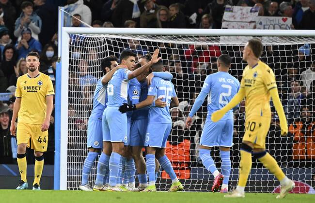 Manchester, United Kingdom - November 03 : Riyad Mahrez forward of Manchester City celebrates scoring a goal during the UEFA Champions League Group stage A match between Manchester City FC and Club Brugge on November 3, 2021 in Manchester, United Kingdom, 3 11 2021 ( Manchester City v Club Brugge - UEFA Champions League PhotoNews Panoramic