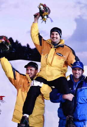 HACKL Georg Team GER Rodeln Olympiasieger mit MUELLER Jens und ZOEGGELER Armin Olympische Winterspiele 1998 in Nagano Japan vom 07. - 22. 02 1998 am 9. 02.1998 in Nagano