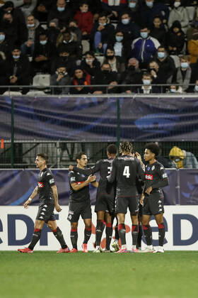 Joie des joueurs de l AS Monaco apres le but de Kevin Volland (AS Monaco) FOOTBALL : 16e finale de la Coupe de France - Quevilly-Rouen vs AS Monaco - 02 01 2022 AurelienMorissard Panoramic