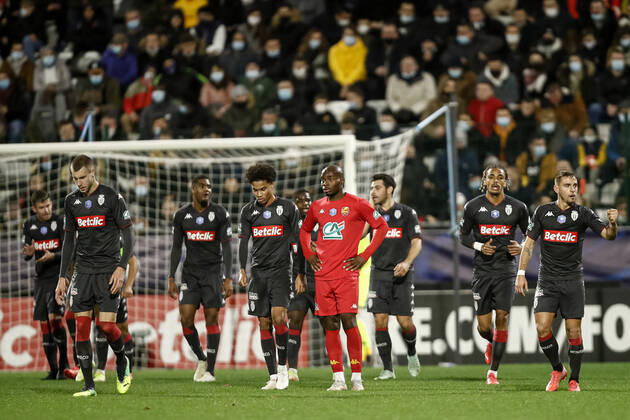 Joie des joueurs de l AS Monaco apres le but de Kevin Volland (AS Monaco) FOOTBALL : 16e finale de la Coupe de France - Quevilly-Rouen vs AS Monaco - 02 01 2022 AurelienMorissard Panoramic