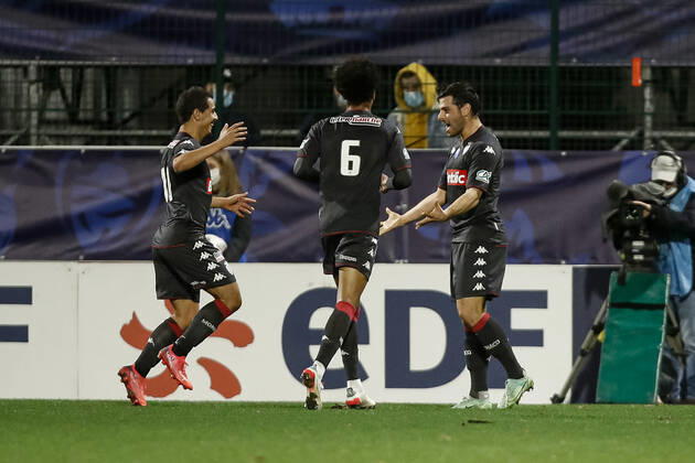 Joie des joueurs de l AS Monaco apres le but de Kevin Volland (AS Monaco) FOOTBALL : 16e finale de la Coupe de France - Quevilly-Rouen vs AS Monaco - 02 01 2022 AurelienMorissard Panoramic