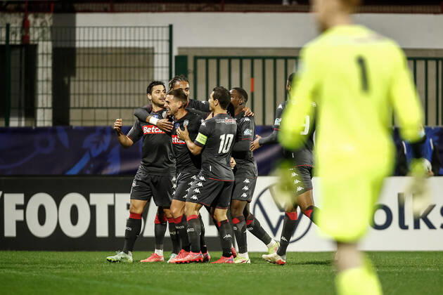 Joie des joueurs de l AS Monaco apres le but de Kevin Volland (AS Monaco) FOOTBALL : 16e finale de la Coupe de France - Quevilly-Rouen vs AS Monaco - 02 01 2022 AurelienMorissard Panoramic