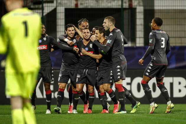 Joie des joueurs de l AS Monaco apres le but de Kevin Volland (AS Monaco) FOOTBALL : 16e finale de la Coupe de France - Quevilly-Rouen vs AS Monaco - 02 01 2022 AurelienMorissard Panoramic