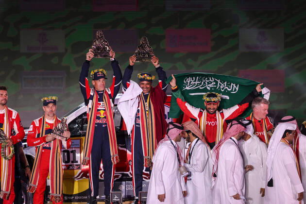 201 Al-Attiyah Nasser (qat), Baumel Batthieu (fra), Toyota Gazoo Racing, Toyota GR DKR Hilux T1+, Auto FIA T1 T2, W2RC, portrait, podium with 211 Loeb Sebastien (fra), Lurquin Fabian (bel), Bahrain Raid Xtreme, BRX Prodrive Hunter T1+, Auto FIA T1 T2, W2RC and 205 Al Rajhi Yazeed (sau), Orr Michael (gbr), Overdrive Toyota, Toyota Hilux Overdrive, Auto FIA T1 T2, W2RC during the Podium Finish of the Dakar Rally 2022, on January 14th 2022 in Jeddah, Saudi Arabia - AUTO - DAKAR 2022 - PODIUM FINISH DPPI Panoramic  JDR55432