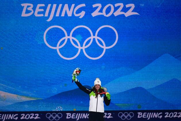 China Olympics 2022 Medal Ceremony 8106109 06.02.2022 Gold medalist Slovenia s Ursa Bogataj celebrates on the podium during the medal ceremony for the Ski jumping, Skispringen, Ski, nordisch women s normal hill individual event of the Beijing 2022 Winter Olympic Games, Olympische Spiele, Olympia, OS at the Medals Plaza in Zhangjiakou, China. Ramil Sitdikov Sputnik Beijing China  Copyright: xRamilxSitdikovx