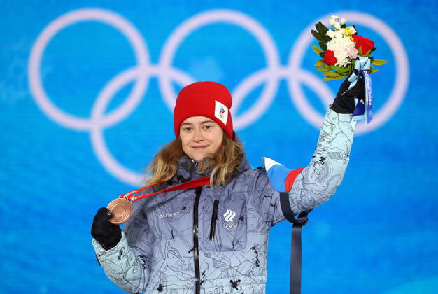 ZHANGJIAKOU, CHINA - FEBRUARY 7, 2022: ROC athlete Anastasia Smirnova celebrates her bronze medal during the women s moguls victory ceremony at the Medal Plaza as part of the 2022 Winter Olympic Games, Olympische Spiele, Olympia, OS Sergei Bobylev TASS  TS121C86