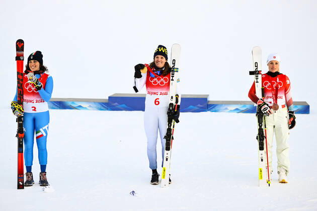 Photo LaPresse Marco Alpozzi February 07, 2022 Yanqing, China Beijing 2022 Winter Olympic Games, Olympische Spiele, Olympia, OS - Alpine Skiing - Women s Giant Slalom In the pic: Federica Brignone, Sara Hector, Lara Gut-Behrami  Copyright: xMarcoxAlpozzi LaPressex