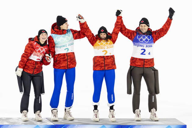 OLYMPICS - Winter Olympic Games, Olympische Spiele, Olympia, OS Beijing 2022 ZHANGJIAKOU,CHINA,07.FEB.22 - OLYMPICS, NORDIC SKIING, Ski jumping, Skispringen, Ski, nordisch - Winter Olympic Games Beijing 2022, normal hill, mixed team event. Image shows Alexandria Loutitt, Matthew Soukup, Abigail Strate, M Boyd Clowes (CAN). GEPAxpictures xPatrickxSteiner