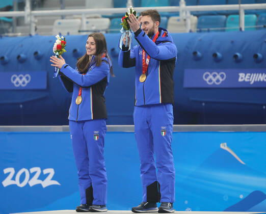 February 8, 2022, Beijing, Hebei, China: STEFANIA CONSTANTINI and AMOS MOSANER of Italy win the Mixed Doubles Gold Medal at the National Aquatics Centre on February 8th 2022 in Beijing, China Beijing China - ZUMAc179 20220208_zep_c179_082 Copyright: xMickaelxChavetx