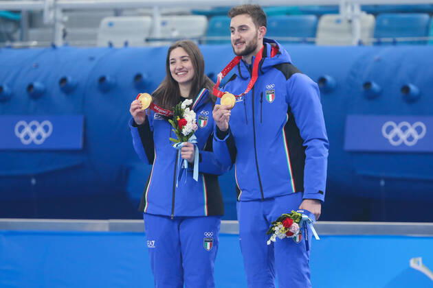 February 8, 2022, Beijing, Hebei, China: STEFANIA CONSTANTINI and AMOS MOSANER of Italy win the Mixed Doubles Gold Medal at the National Aquatics Centre on February 8th 2022 in Beijing, China Beijing China - ZUMAc179 20220208_zep_c179_085 Copyright: xMickaelxChavetx