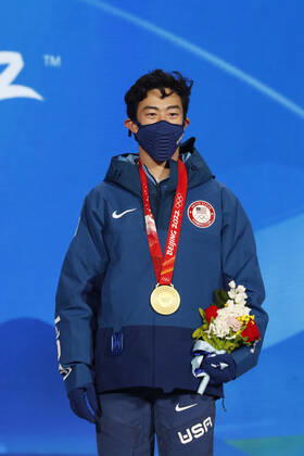 2022 Olympic Winter games, Winterspiele,Spiele, Summer games Figure skating, Eiskunstlauf BEIJING, CHINA, FEB 10: Nathen Chen (USA) celebrates winning the gold medal during the medals ceremony for Men s Figure Skating at the Beijing 2022 Olympic Winter Games at Beijing Medals Plaza. Beijing Beijing Medals Plaza China 7154_252130 Copyright: xDavidxMcIntyre PentaxPressx