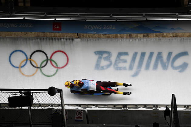 BEIJING, CHINA - FEBRUARY 09: Toni Eggert and Sascha Benecken of Team Germany slide during the Luge Doubles Run 2 on day five of the Beijing 2022 Winter Olympic Games, Olympische Spiele, Olympia, OS at National Sliding Centre on February 9, 2022 in Beijing, China.  Copyright: xVCGx CFP111368571402 