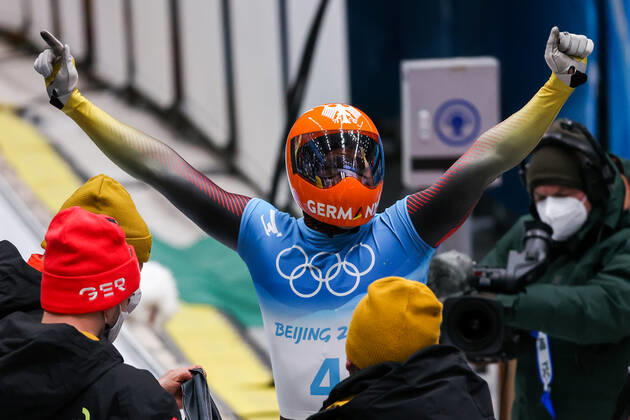 BEIJING, CHINA - FEBRUARY 11, 2022: Christopher Grotheer of Germany reacts at the finish of the men s skeleton event at the 2022 Winter Olympics at the Yanqing National Sliding Centre. Anton Novoderezhkin TASS  TS12289B
