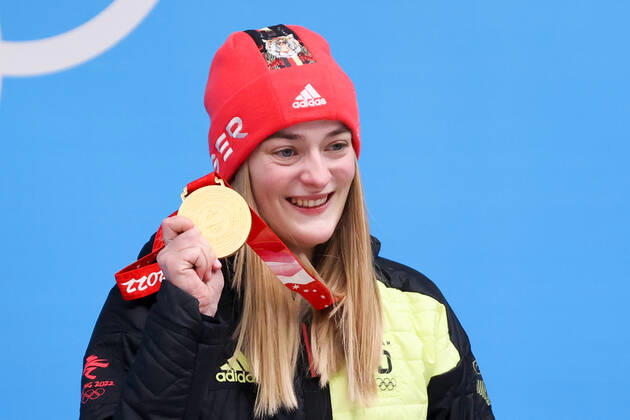 BEIJING, CHINA - FEBRUARY 12, 2022: Gold medalist, Hannah Neise of Germany poses for a photograph during an award ceremony for the women s skeleton event at the 2022 Winter Olympic Games, Olympische Spiele, Olympia, OS at the Yanqing National Sliding Centre. Anton Novoderezhkin TASS  TS122C28