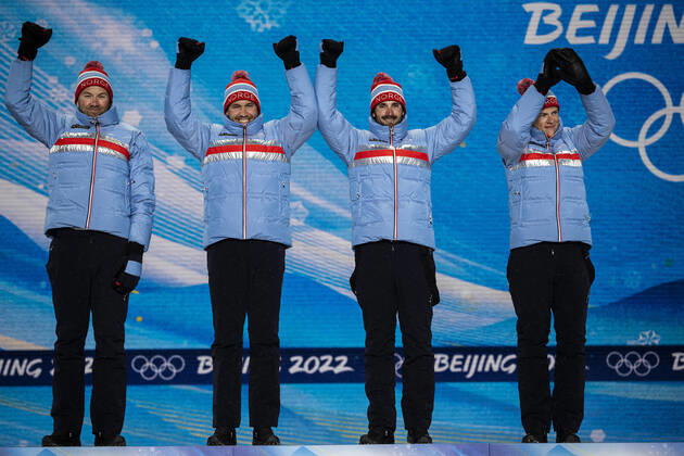 220213 Emil Iversen, Pal Golberg, Hans Christer Holund and Johannes Hosflot Klaebo of Norway celebrate at the medal ceremony for men s cross-country skiing 4 x 10 km relay during day 9 of the 2022 Winter Olympics on February 13, 2022 in Zhangjiakou. Photo: Jon Olav Nesvold BILDBYRAN COP 217 JE0041 Olympic Games, Olympische Spiele, Olympia, OS olympics winter olympics os ol olympiska spel vinter-os olympiske leker peking peking 2022 beijing 2022 beijing 2022 olympic games beijing 2022 winter olympic games peking-os beijing-ol vinter-ol 9 bbeng norge jubel Copyright: JONxOLAVxNESVOLD BB220213JE113