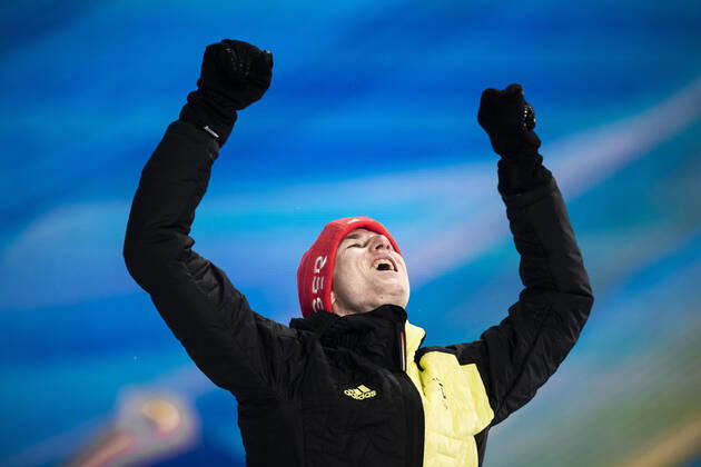 220213 Karl Geiger of Germany celebrates at the medal ceremony for men s Ski jumping, Skispringen, Ski, nordisch large hill individual during day 9 of the 2022 Winter Olympics on February 13, 2022 in Zhangjiakou. Photo: Jon Olav Nesvold BILDBYRAN COP 217 JE0041 Olympic Games, Olympische Spiele, Olympia, OS olympics winter olympics os ol olympiska spel vinter-os olympiske leker peking peking 2022 beijing 2022 beijing 2022 olympic games beijing 2022 winter olympic games peking-os beijing-ol vinter-ol 9 bbeng norge jubel guld Copyright: JONxOLAVxNESVOLD BB220213JE123