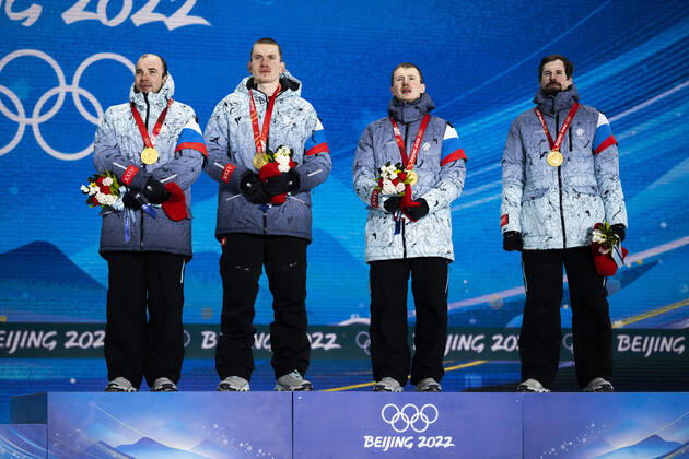 220213 Alexey Chervotkin, Alexander Bolshunov, Denis Spitsov and Sergey Ustiugov of ROC (Russia) with their gold medals at the medal ceremony for men s cross-country skiing 4 x 10 km relay during day 9 of the 2022 Winter Olympics on February 13, 2022 in Zhangjiakou. Photo: Jon Olav Nesvold BILDBYRAN COP 217 JE0041 Olympic Games, Olympische Spiele, Olympia, OS olympics winter olympics os ol olympiska spel vinter-os olympiske leker peking peking 2022 beijing 2022 beijing 2022 olympic games beijing 2022 winter olympic games peking-os beijing-ol vinter-ol 9 bbeng jubel Copyright: JONxOLAVxNESVOLD BB220213JE147