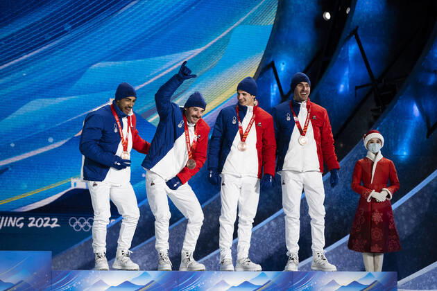 220213 Richard Jouve, Hugo Lapalus, Clement Parisse and Maurice Manificat of France celebrate at the medal ceremony for men s cross-country skiing 4 x 10 km relay during day 9 of the 2022 Winter Olympics on February 13, 2022 in Zhangjiakou. Photo: Jon Olav Nesvold BILDBYRAN COP 217 JE0041 Olympic Games, Olympische Spiele, Olympia, OS olympics winter olympics os ol olympiska spel vinter-os olympiske leker peking peking 2022 beijing 2022 beijing 2022 olympic games beijing 2022 winter olympic games peking-os beijing-ol vinter-ol 9 bbeng frankrike jubel Copyright: JONxOLAVxNESVOLD BB220213JE149