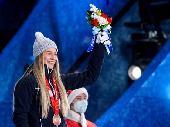 OLYMPICS - Winter Olympic Games, Olympische Spiele, Olympia, OS Beijing 2022 ZHANGJIAKOU,CHINA,15.FEB.22 - OLYMPICS, FREE SKI, FREESTYLE SKIING - Winter Olympic Games Beijing 2022, Slopestyle, ladies, award ceremony. Image shows the rejoicing of Kelly Sildaru (EST). Keywords: medal. GEPAxpictures xMaticxKlansek