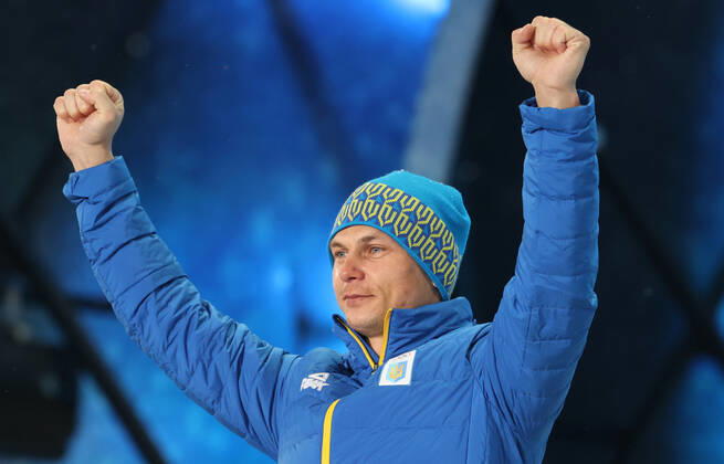 ZHANGJIAKOU, CHINA - FEBRUARY 17, 2022: Silver medallist Oleksandr Abramenko of Ukraine celebrates during the victory ceremony for the men s freestyle skiing aerials, at the Medal Plaza, at the 2022 Winter Olympic Games, Olympische Spiele, Olympia, OS Stanislav Krasilnikov TASS  TS123D48