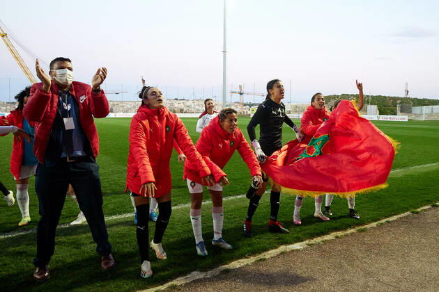 Morocco women™s national soccer team players and officials celebrate winning the VisitMalta Women s International Trophy 2022 tournament after beating Moldova 4-0 in the final soccer match between Morocco and Moldova at the Tony Bezzina Stadium, Paola, Malta on 22 February 2022. Morocco v Moldova Women™s VMW_22