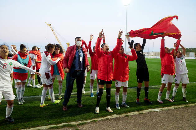 Morocco women™s national soccer team players and officials celebrate winning the VisitMalta Women s International Trophy 2022 tournament after beating Moldova 4-0 in the final soccer match between Morocco and Moldova at the Tony Bezzina Stadium, Paola, Malta on 22 February 2022. Morocco v Moldova Women™s VMW_22
