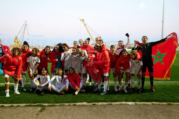 Morocco women™s national soccer team players and officials celebrate winning the VisitMalta Women s International Trophy 2022 tournament after beating Moldova 4-0 in the final soccer match between Morocco and Moldova at the Tony Bezzina Stadium, Paola, Malta on 22 February 2022. Morocco v Moldova Women™s VMW_22