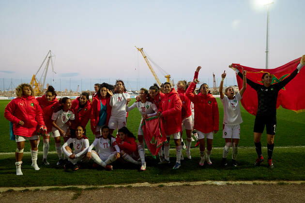 Morocco women™s national soccer team players and officials celebrate winning the VisitMalta Women s International Trophy 2022 tournament after beating Moldova 4-0 in the final soccer match between Morocco and Moldova at the Tony Bezzina Stadium, Paola, Malta on 22 February 2022. Morocco v Moldova Women™s VMW_22