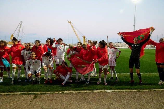 Morocco women™s national soccer team players and officials celebrate winning the VisitMalta Women s International Trophy 2022 tournament after beating Moldova 4-0 in the final soccer match between Morocco and Moldova at the Tony Bezzina Stadium, Paola, Malta on 22 February 2022. Morocco v Moldova Women™s VMW_22