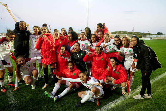 Morocco women™s national soccer team players and officials celebrate winning the VisitMalta Women s International Trophy 2022 tournament after beating Moldova 4-0 in the final soccer match between Morocco and Moldova at the Tony Bezzina Stadium, Paola, Malta on 22 February 2022. Morocco v Moldova Women™s VMW_22