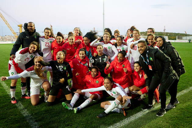 Morocco women™s national soccer team players and officials celebrate winning the VisitMalta Women s International Trophy 2022 tournament after beating Moldova 4-0 in the final soccer match between Morocco and Moldova at the Tony Bezzina Stadium, Paola, Malta on 22 February 2022. Morocco v Moldova Women™s VMW_22