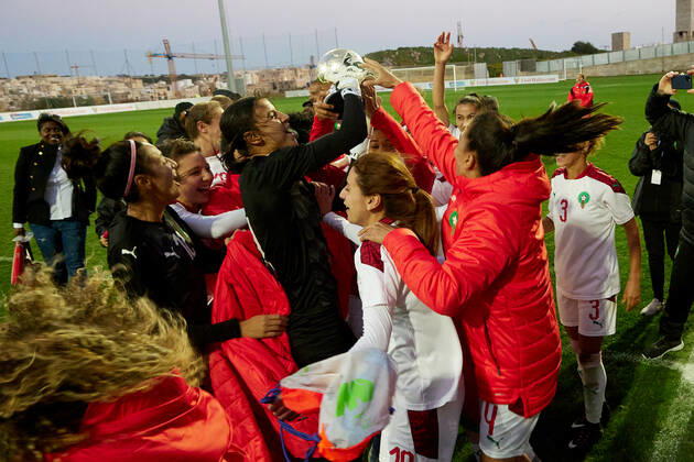 Morocco women™s national soccer team players and officials celebrate winning the VisitMalta Women s International Trophy 2022 tournament after beating Moldova 4-0 in the final soccer match between Morocco and Moldova at the Tony Bezzina Stadium, Paola, Malta on 22 February 2022. Morocco v Moldova Women™s VMW_22
