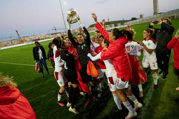 Morocco women™s national soccer team players and officials celebrate winning the VisitMalta Women s International Trophy 2022 tournament after beating Moldova 4-0 in the final soccer match between Morocco and Moldova at the Tony Bezzina Stadium, Paola, Malta on 22 February 2022. Morocco v Moldova Women™s VMW_22