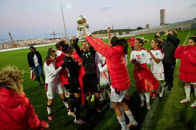 Morocco women™s national soccer team players and officials celebrate winning the VisitMalta Women s International Trophy 2022 tournament after beating Moldova 4-0 in the final soccer match between Morocco and Moldova at the Tony Bezzina Stadium, Paola, Malta on 22 February 2022. Morocco v Moldova Women™s VMW_22
