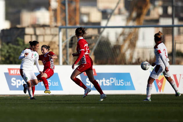 Morocco women™s national soccer team player Zineb Redouani (L) during the VisitMalta Women s International Trophy 2022 tournament soccer match between Morocco and Moldova at the Tony Bezzina Stadium, Paola, Malta on 22 February 2022. Morocco beat Moldova 4-0 to win the tournament. Morocco v Moldova Women™s VMW_22