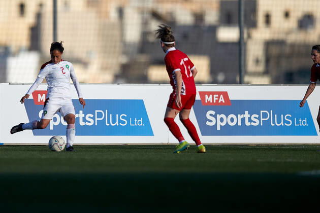 Morocco women™s national soccer team player Zineb Redouani (L) during the VisitMalta Women s International Trophy 2022 tournament soccer match between Morocco and Moldova at the Tony Bezzina Stadium, Paola, Malta on 22 February 2022. Morocco beat Moldova 4-0 to win the tournament. Morocco v Moldova Women™s VMW_22