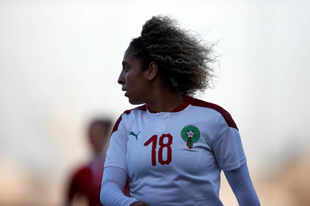 Morocco women™s national soccer team player Sanaa Mssoudy during the VisitMalta Women s International Trophy 2022 tournament soccer match between Morocco and Moldova at the Tony Bezzina Stadium, Paola, Malta on 22 February 2022. Morocco beat Moldova 4-0 to win the tournament. Morocco v Moldova Women™s VMW_22