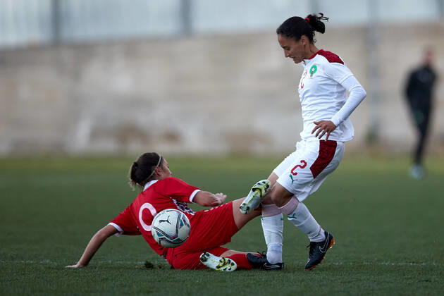 Morocco women™s national soccer team player Zineb Redouani (R) during the VisitMalta Women s International Trophy 2022 tournament soccer match between Morocco and Moldova at the Tony Bezzina Stadium, Paola, Malta on 22 February 2022. Morocco beat Moldova 4-0 to win the tournament. Morocco v Moldova Women™s VMW_22