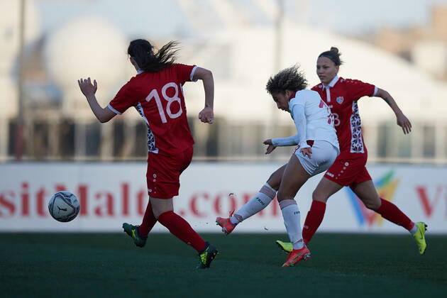 Morocco women™s national soccer team player Sanaa Mssoudy (C0 shoots at goal during the VisitMalta Women s International Trophy 2022 tournament soccer match between Morocco and Moldova at the Tony Bezzina Stadium, Paola, Malta on 22 February 2022. Morocco beat Moldova 4-0 to win the tournament. Morocco v Moldova Women™s VMW_22