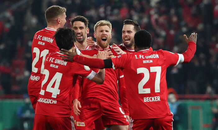 Bilder des Jahres 2022, Sport 03 März Sport Themen der Woche KW09 Sport Bilder des Tages Grischa Prömel, Genki Haraguchi, Andreas Voglsammer 2:1, Sheraldo Becker jubelnd Freude Emotion Jubel nach 2:1 Fußball Fussball DFB Pokal Viertelfinale Herren DFL Saison 2021 2022 01.03.2022 1.FC Union Berlin FCU vs. FC St. Pauli DFL regulations prohibit any use of photographs as image sequences and or quasi-video.