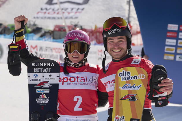 Berchtesgaden, Deutschland 20. März 2022: FIS Snowboard Weltcup Finale - 2021 2022 - Parallel Slalom - Berchtesgaden - 20.03.2022 v.li. Ramona Hofmeister (GER) und Stefan Baumeister (GER) Bischofswiesen Götschen Bayern Copyright: xFotostandx xWassmuthx