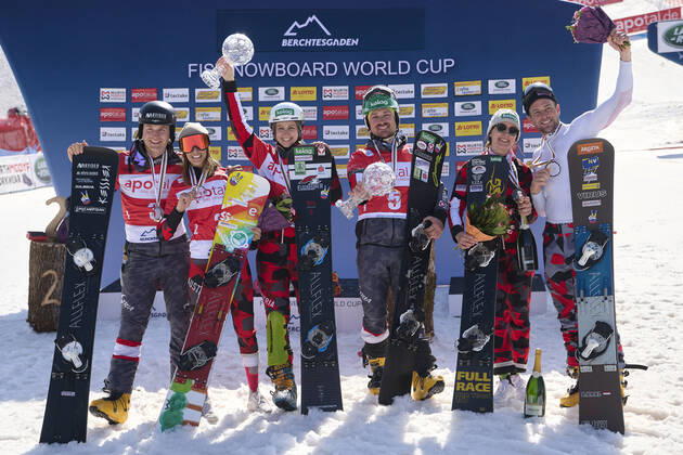 Berchtesgaden, Deutschland 20. März 2022: FIS Snowboard Weltcup Finale - 2021 2022 - Parallel Slalom - Berchtesgaden - 20.03.2022 Sieger Gesamtweltcup: v.li. Benjamin Karl (AUT), Daniela Ulbing (AUT), Sabine Schoeffmann (AUT), Alexander Payer (AUT), Julia Dujmovits (AUT) und Arvid Auner (AUT) Bischofswiesen Götschen Bayern Copyright: xFotostandx xWassmuthx