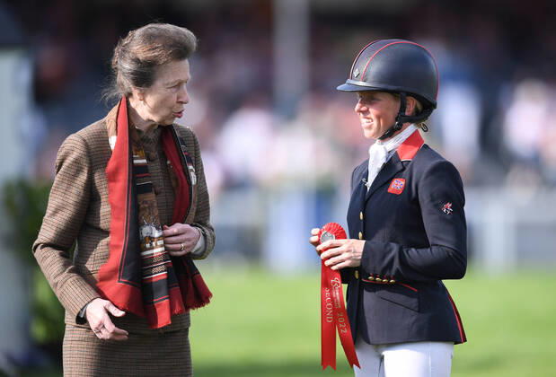 8th May 2022, Badminton Estate, Gloucestershire, England; Mars Equestrian Badminton Horse Trials, day 5; Rosalind Canter receives the runners up trophy from HRH Princess Anne after coming second on her horse Lordships Graffalo in Badminton Horse Trials 2022  ActionPlus12388139 SimonxWest Content restricted for UK based newspaper