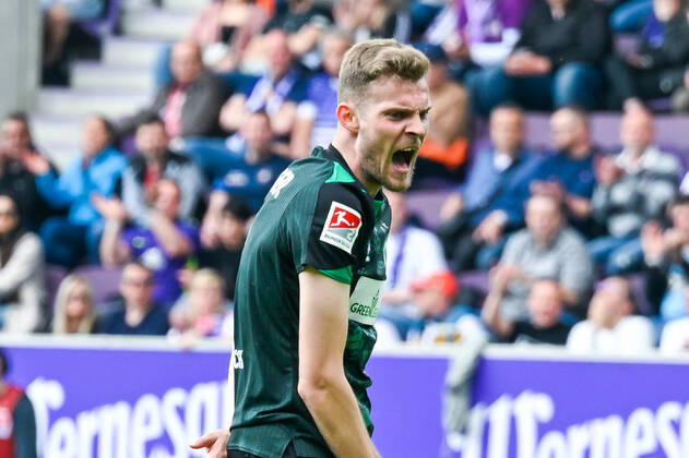 Fußball: 2. Bundesliga, Saison 2021 2022, 33. Spieltag, FC Erzgebirge Aue - SV Werder Bremen am 08.05.2022 in Erzgebirgsstadion in Aue-Bad Schlema. -TK- Bremens Marvin Ducksch schreit wütend. DFL REGULATIONS PROHIBIT ANY USE OF PHOTOGRAPHS AS IMAGE SEQUENCES AND OR QUASI-VIDEO. Copyright: xTeresaxKrögerx