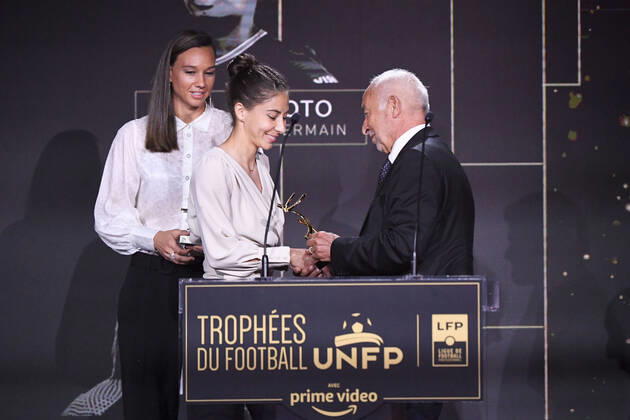 Clara MATEO - Christiane ENDLER - Philippe PIAT during the Trophies UNFP ceremony at Pavillon Gabriel on May 15, 2022 in Paris, France. FOOTBALL : Trophees UNFP - Soiree - Paris - 15 05 2022 Pool FEP Panoramic 