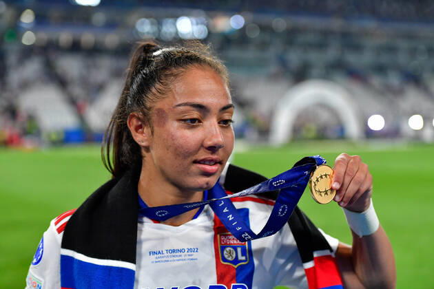 FC Barcelona, Barca v Olympique Lyon, UEFA Women?s Champions League final, football, Turin, Italy Turin, Italy. 21st, May 2022. Selma Bacha (4) of Olympique Lyon seen during the celebrations after the UEFA Women?s Champions League final between Barcelona and Olympique Lyon at Juventus Stadium in Turin. Turin Italy Copyright: xGonzalesxPhoto TommasoxFimianox